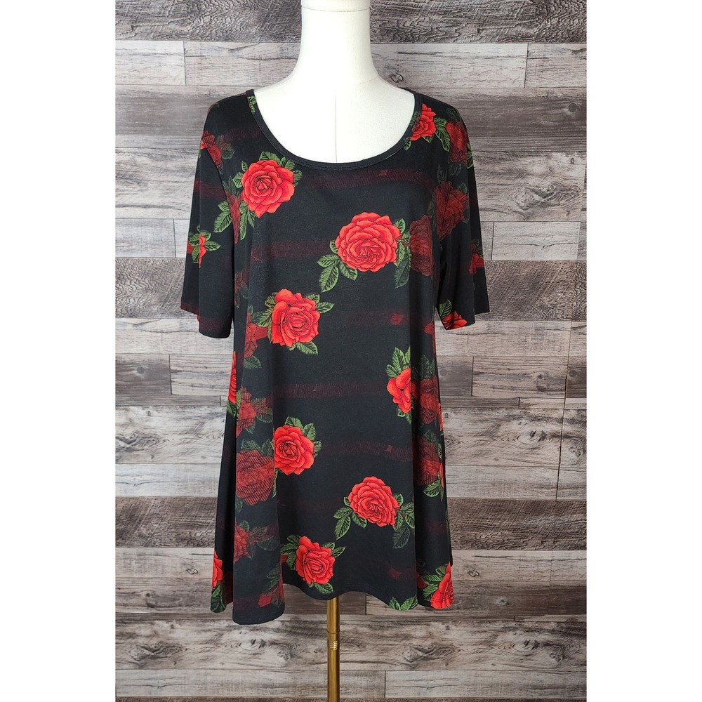 LuLaRoe Carly Dress Large L Black Red Rose Floral Stripe Short Sleeve Swing